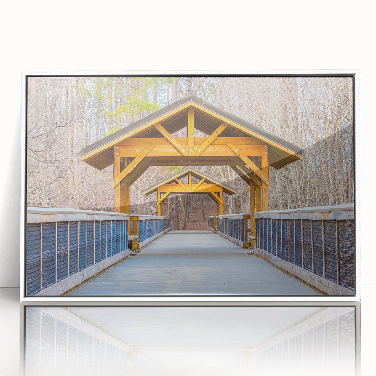 Acrylic print of Raleigh, North Carolina skyline in art deco style with muted blue and white tones.