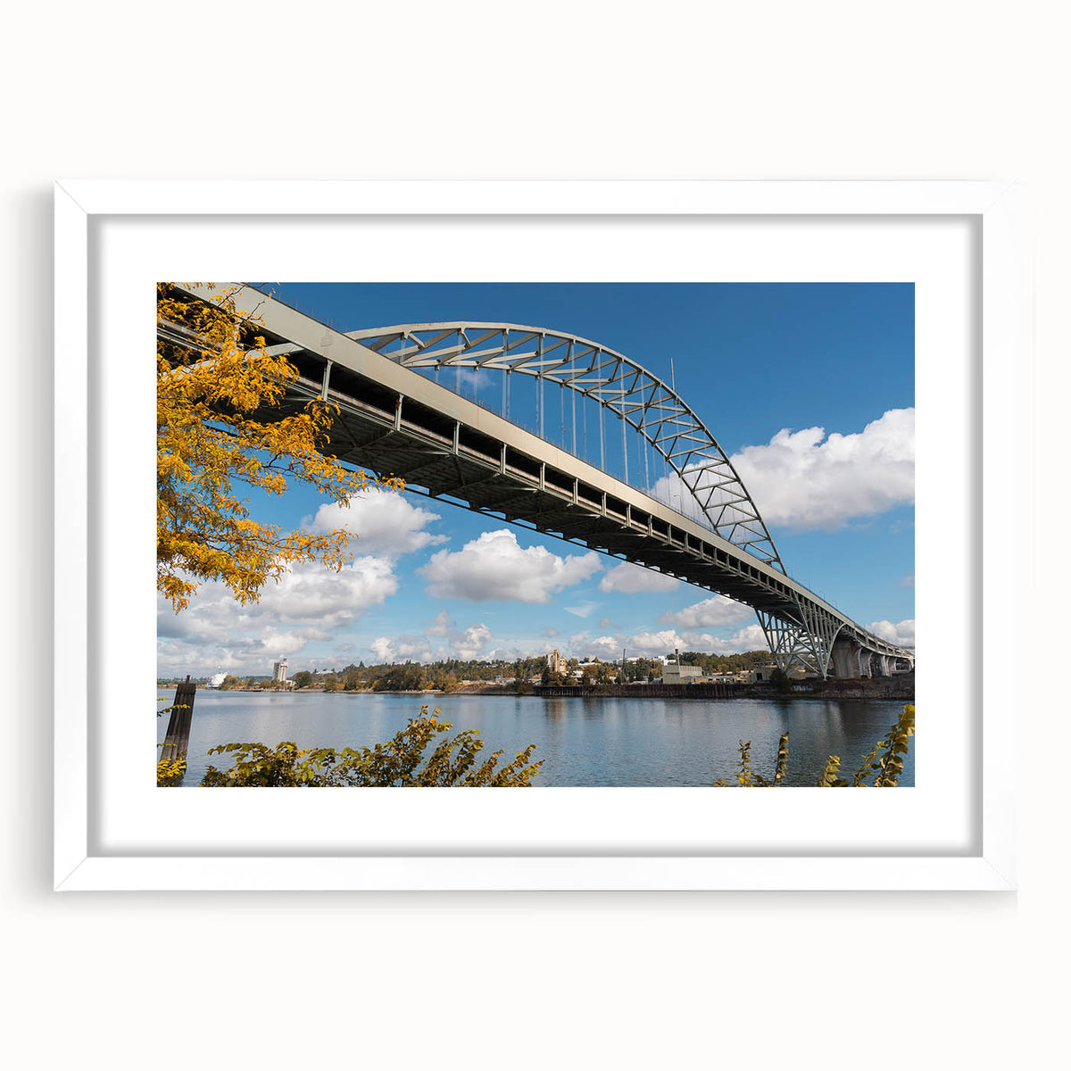 Abstract art print of Portland, Oregon in muted green and blue tones on a white framed canvas.
