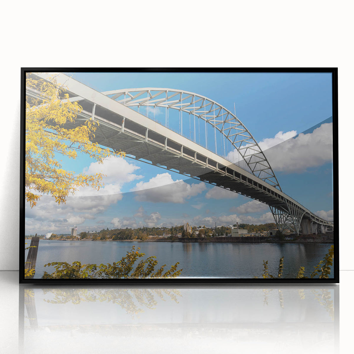 Large abstract wall art depicting Portland's scenery in muted earth tones on a framed acrylic.