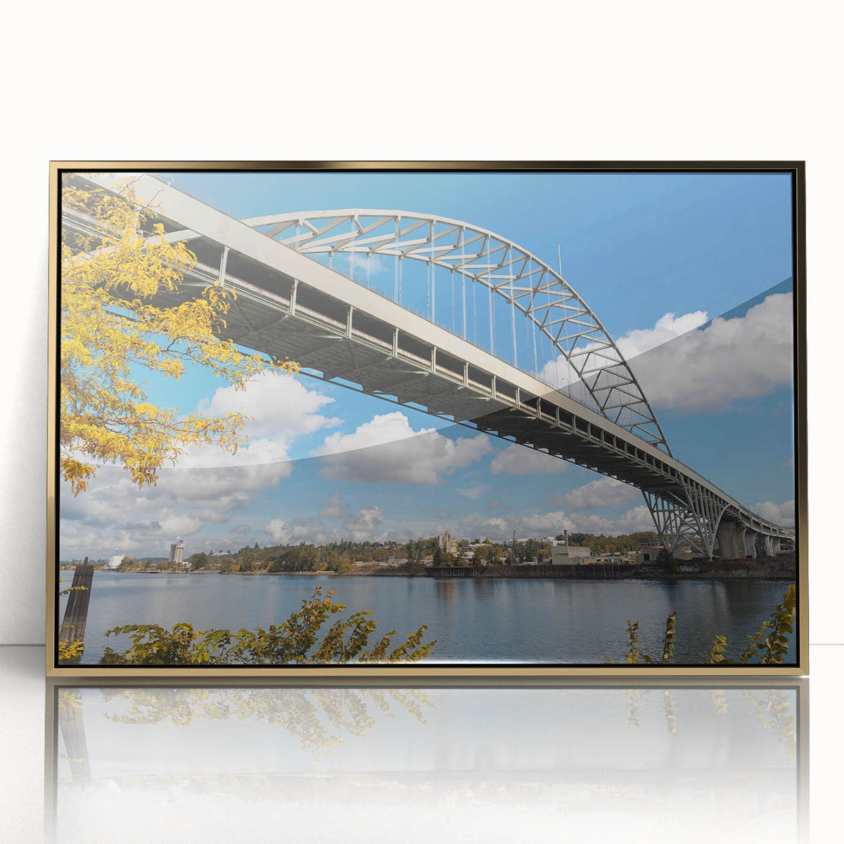 Framed acrylic print of Portland, Oregon skyline in muted gold tones, ideal for modern art wall decor.