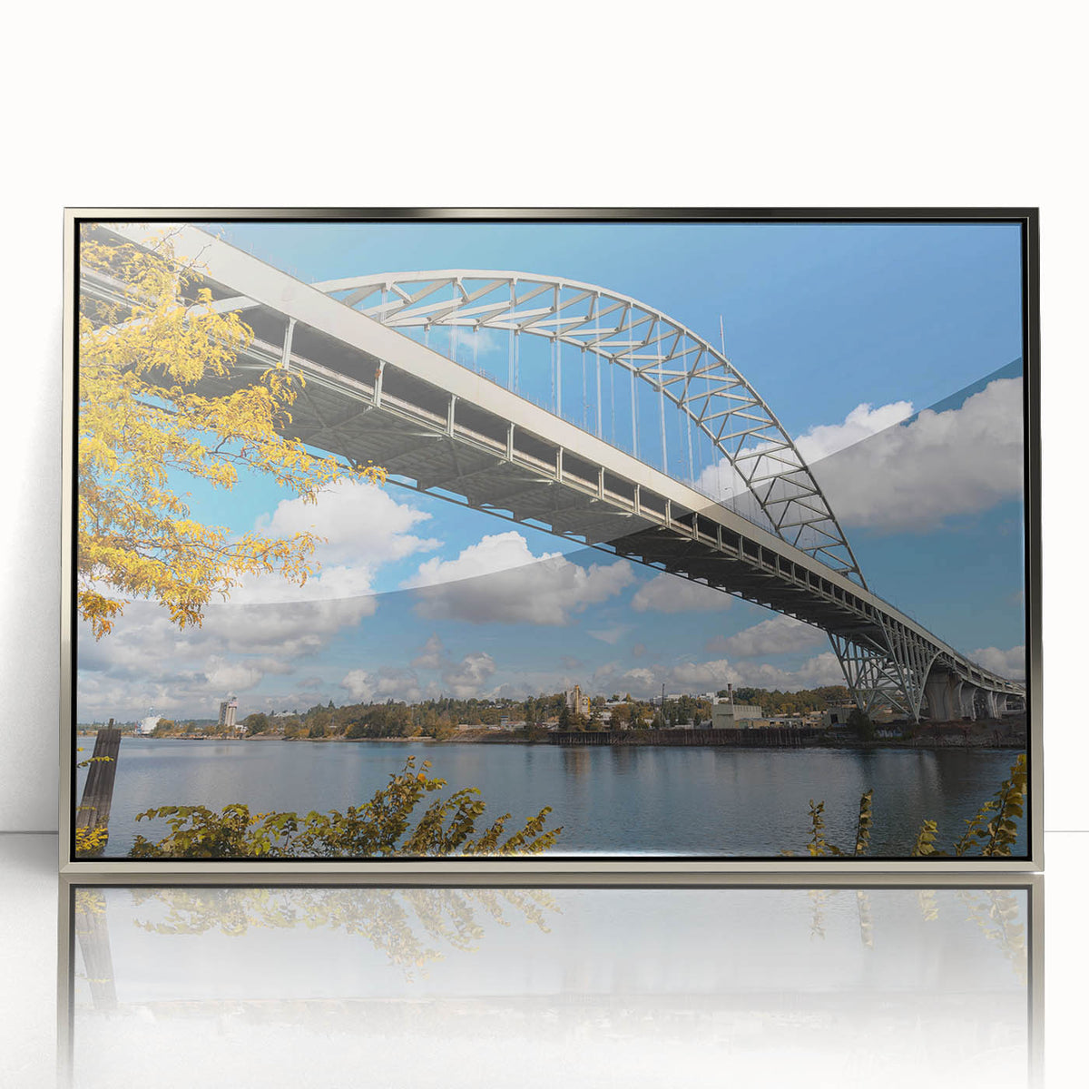 Mid-century modernist art of Portland, Oregon skyline in muted gray tones on a framed acrylic print.