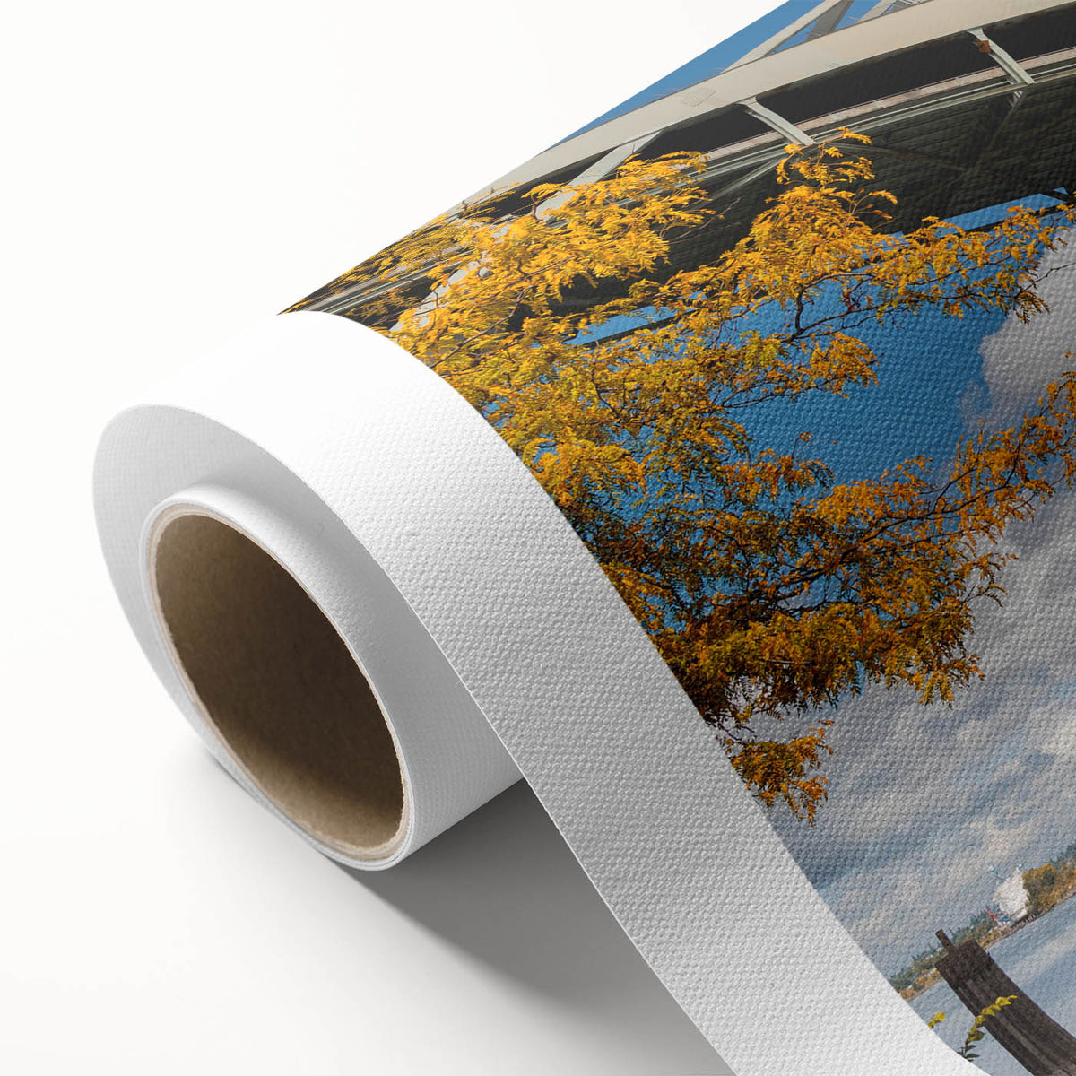 Art Deco-style poster of Portland, Oregon skyline in muted gray and blue tones on rolled canvas.