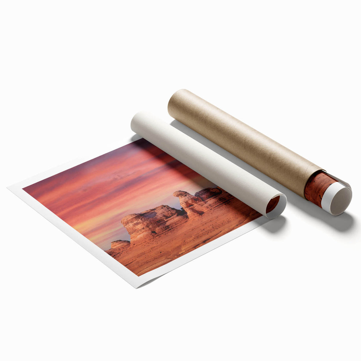 Arches National Park landscape print on rolled canvas featuring muted earth tones, ideal for classy bathroom wall art.