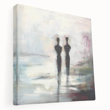 Abstract figurative stretched canvas artwork showcasing vibrant colors and dynamic shapes, highlighting modern artistic expression with a sleek side view design. Ideal for contemporary decor.