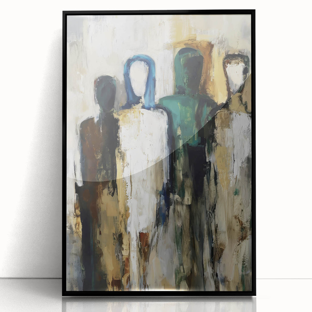 Framed abstract figurative acrylic artwork in black, showcasing vibrant colors and dynamic shapes, perfect for modern home decor, enhancing artistic ambiance.