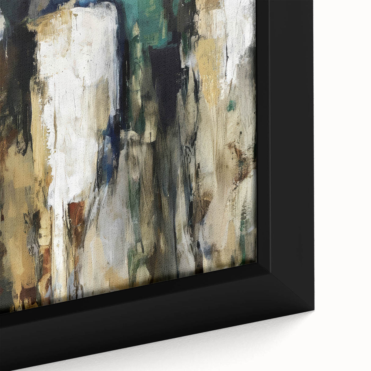 Close-up of an abstract figurative art piece featuring bold colors and dynamic shapes, elegantly framed, ideal for contemporary home decor.