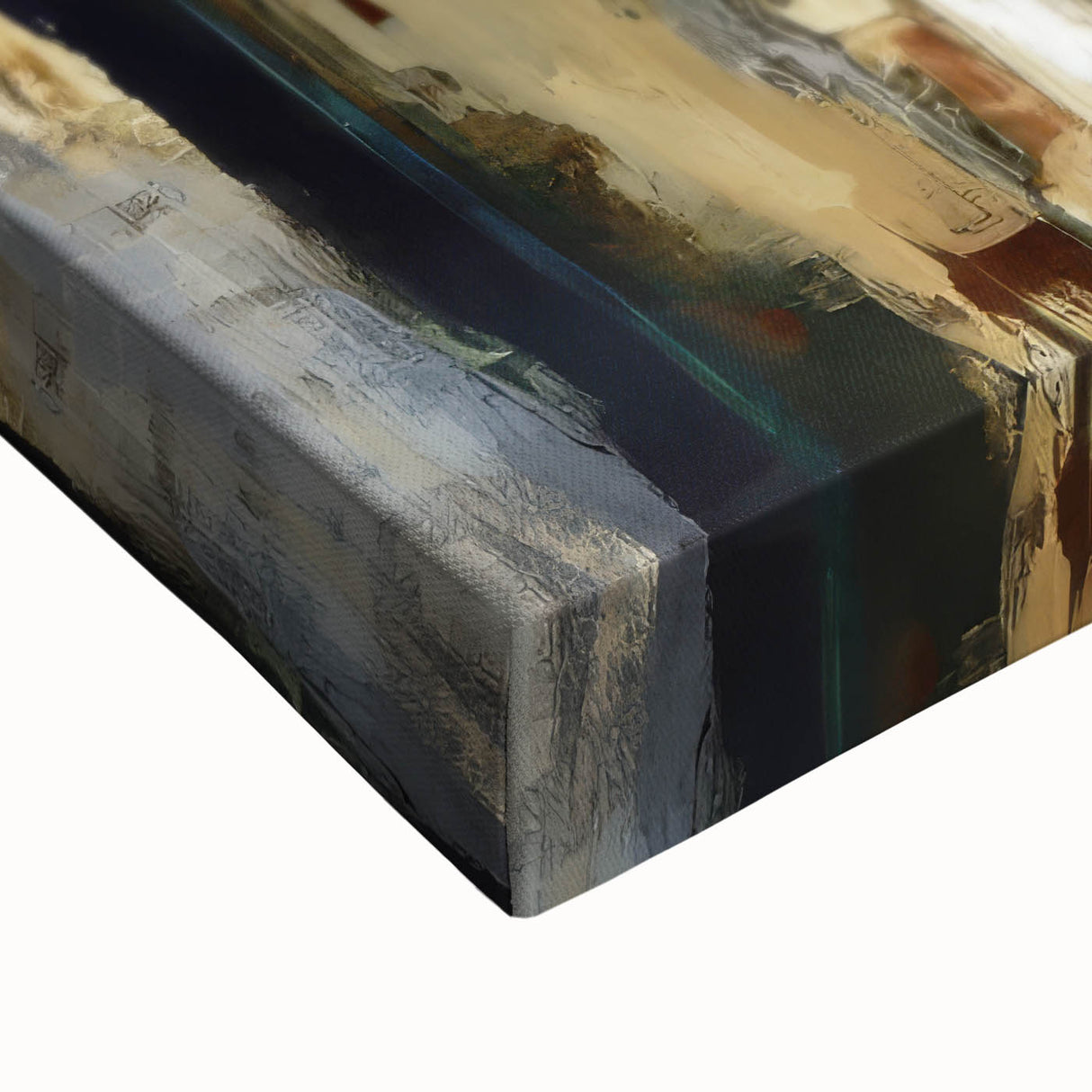 Close-up of an abstract figurative stretched canvas artwork showcasing vibrant colors and dynamic shapes, ideal for modern home decor and artistic spaces.