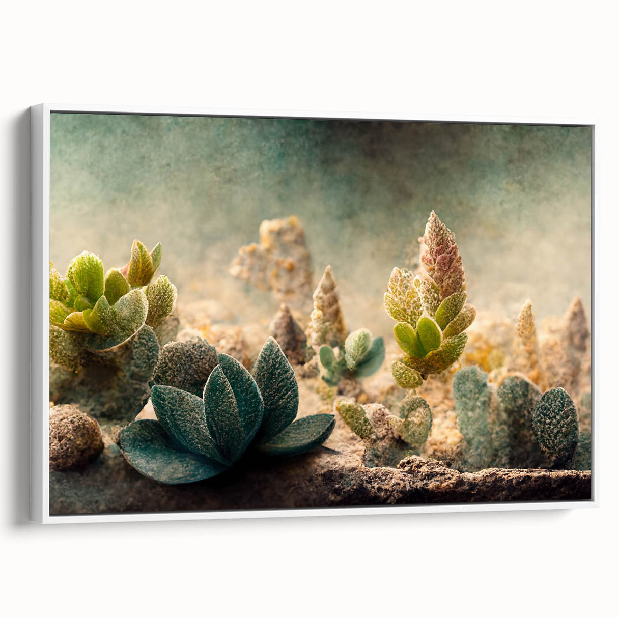 Framed canvas wall art showcasing an abstract floral design in vibrant colors, elegantly displayed in a white frame, perfect for modern home decor accents.