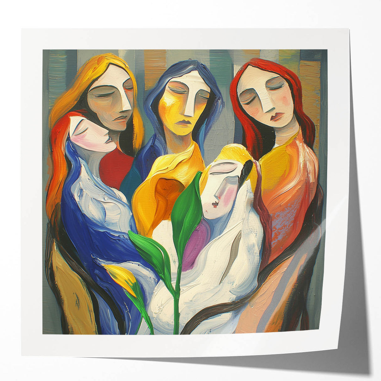 Abstract figurative art print showcasing vibrant colors and dynamic shapes, displayed in a glossy finish, perfect for modern interior decoration.