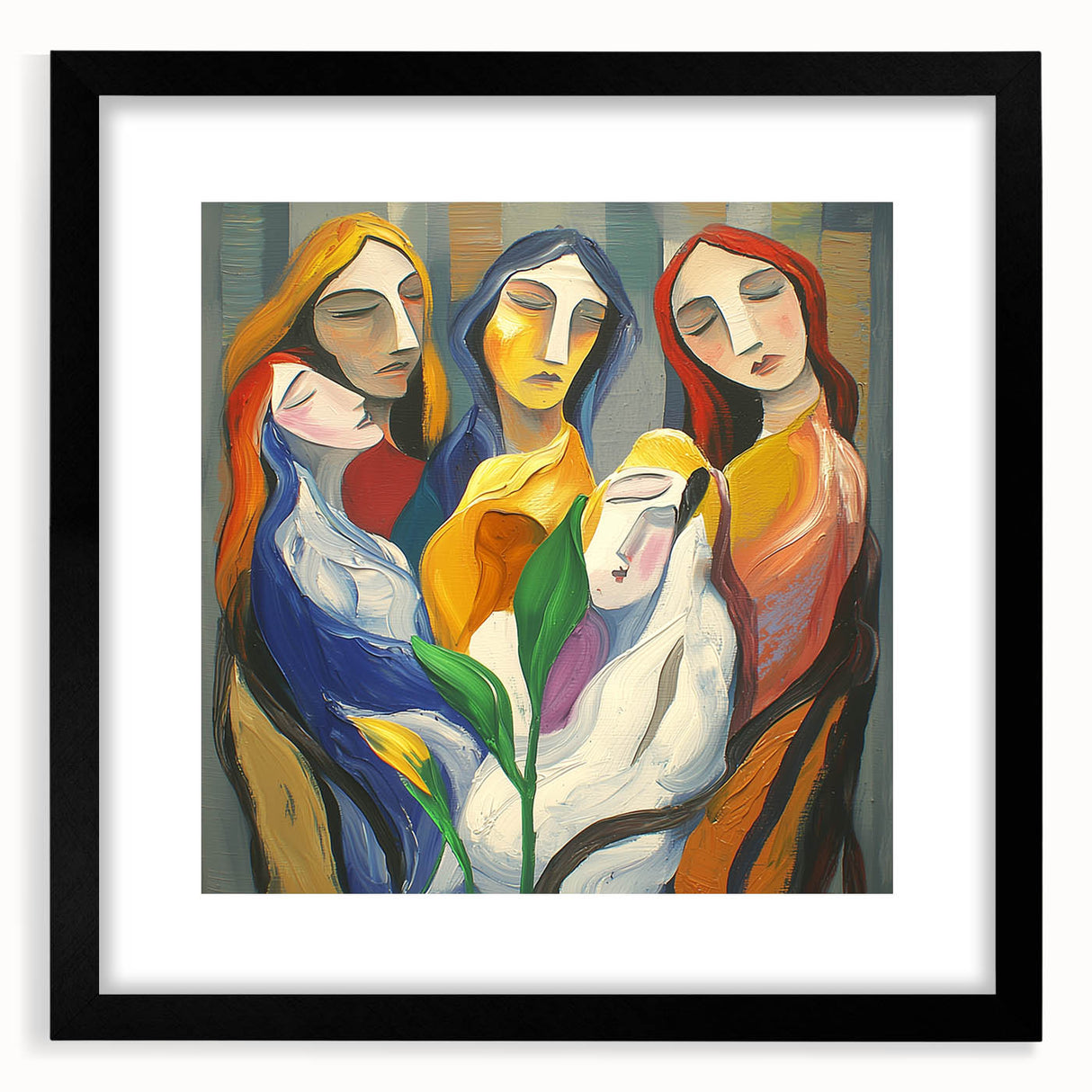 Abstract figurative framed artwork in a sleek black mat, showcasing a modern design with fluid shapes and vibrant colors, perfect for contemporary decor.