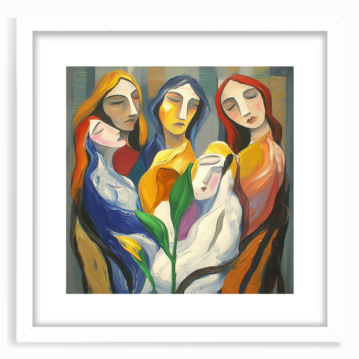 Abstract figurative art frame with a white mat, showcasing vibrant colors and dynamic shapes, perfect for modern decor and artistic expression in any room.