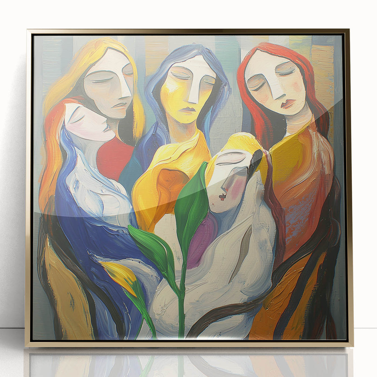 Framed abstract figurative art in gold acrylic, showcasing dynamic shapes and textures, perfect for modern decor. Ideal for enhancing living spaces with elegance.