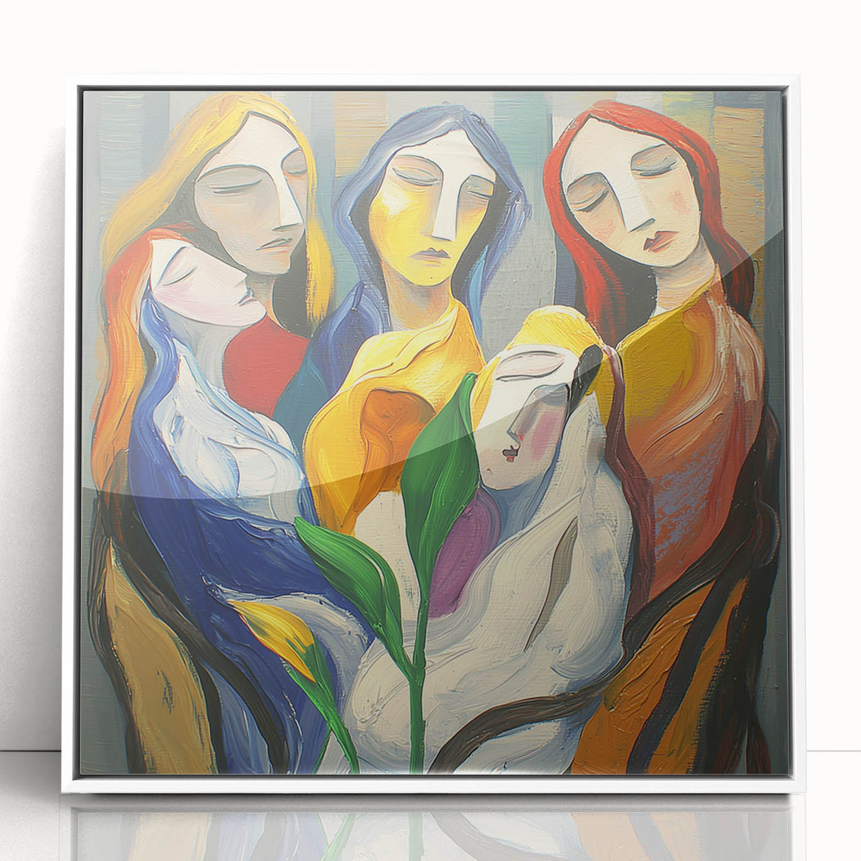 Framed acrylic art piece featuring an abstract figurative design in white, showcasing modern artistic expression with fluid shapes and subtle color variations, ideal for contemporary home decor.