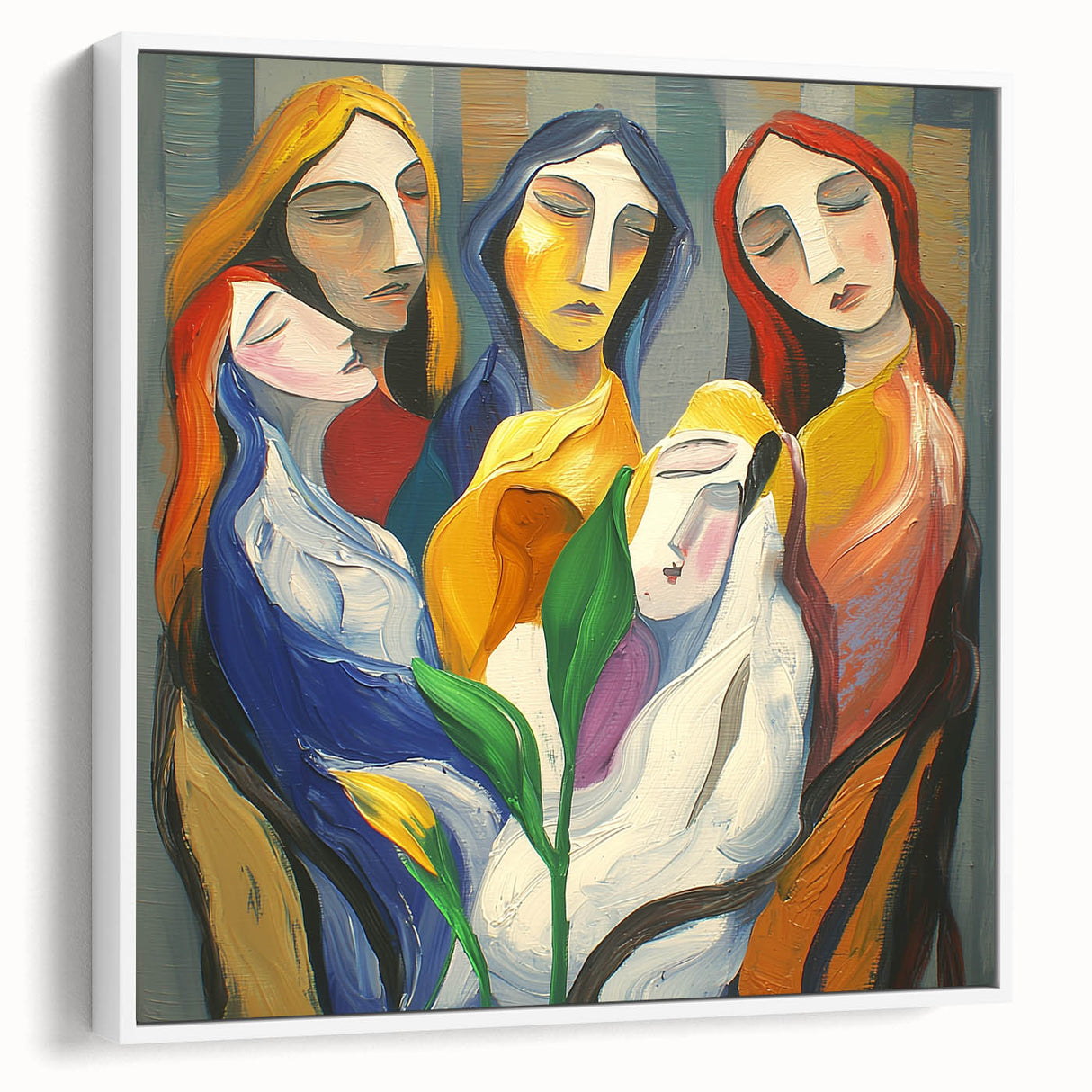 Abstract figurative wall art canvas framed in white, showcasing vibrant colors and dynamic shapes, perfect for modern decor. Ideal for enhancing contemporary spaces.