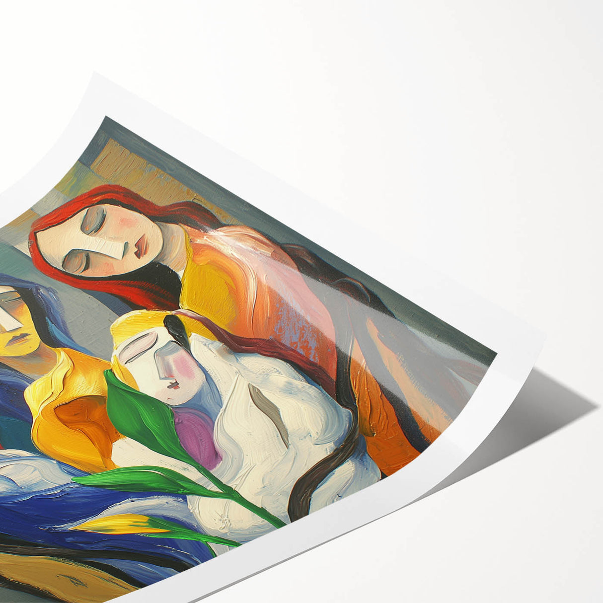 Abstract figurative rolled print showcasing vibrant colors and dynamic shapes, ideal for modern home decor. Packaged securely in a protective cardboard tube.