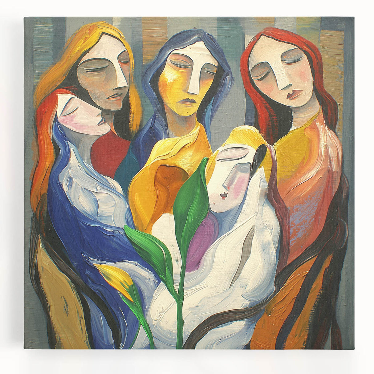 Abstract figurative stretched canvas artwork showcasing bold colors and dynamic shapes, perfect for modern home decor. Ideal for adding artistic flair to any space.