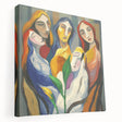 Stretched canvas artwork displaying an abstract figurative design in vibrant colors, showcasing a side view with a textured finish, ideal for modern home decor.