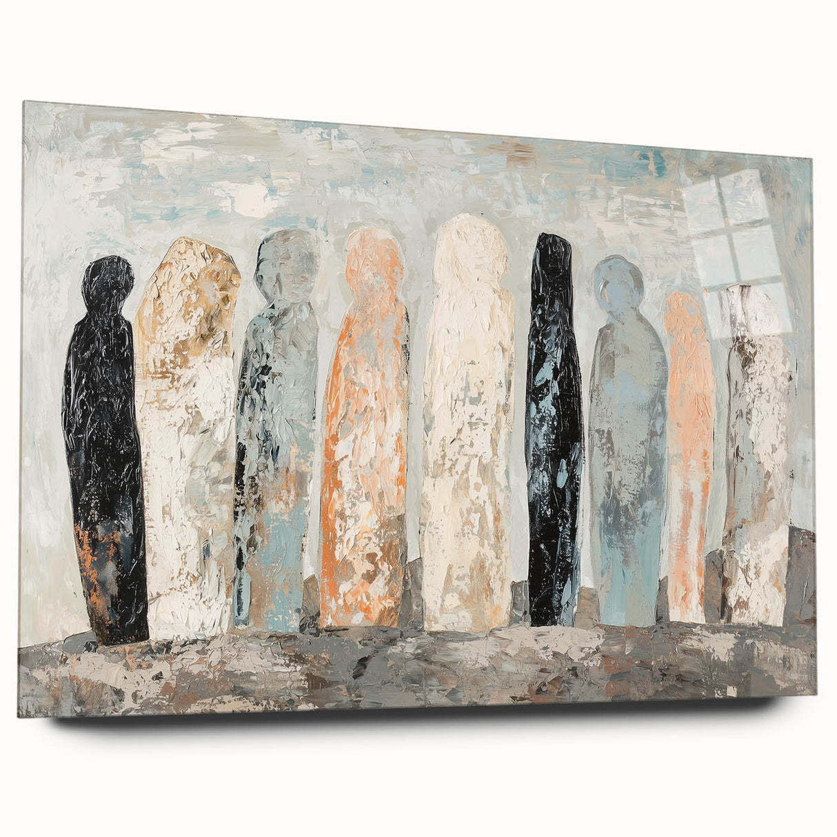 Abstract figurative acrylic artwork displayed in a glass frame, showcasing vibrant colors and dynamic shapes, ideal for modern home decor and artistic expression.