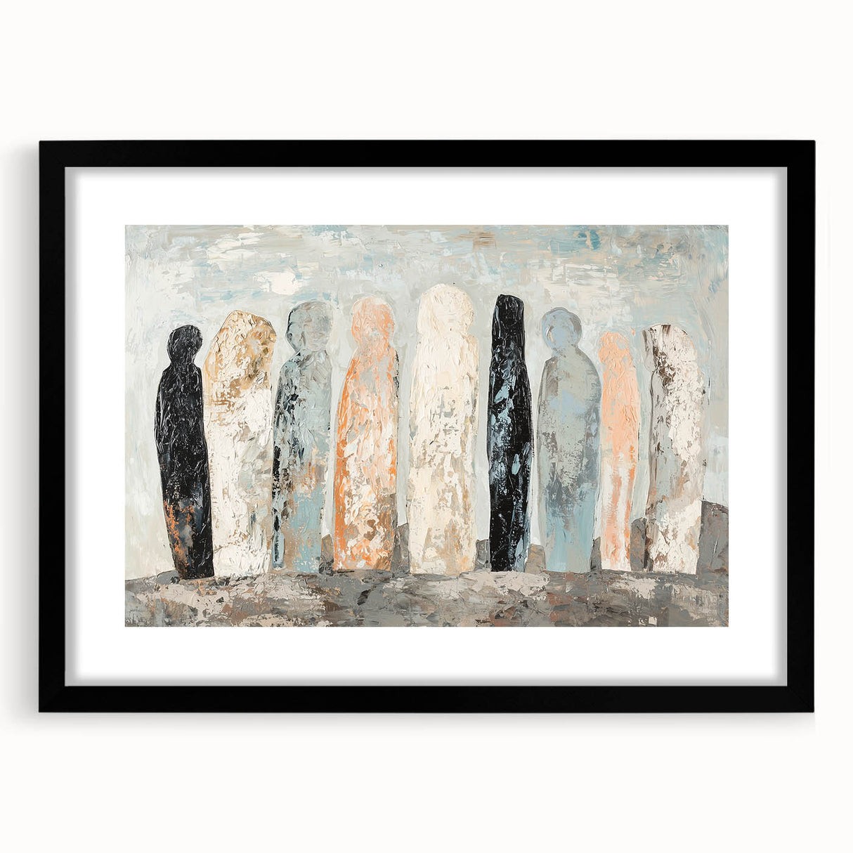 Abstract figurative art frame with a sleek black mat, showcasing modern design elements. Ideal for contemporary decor, enhancing any living space with elegance.