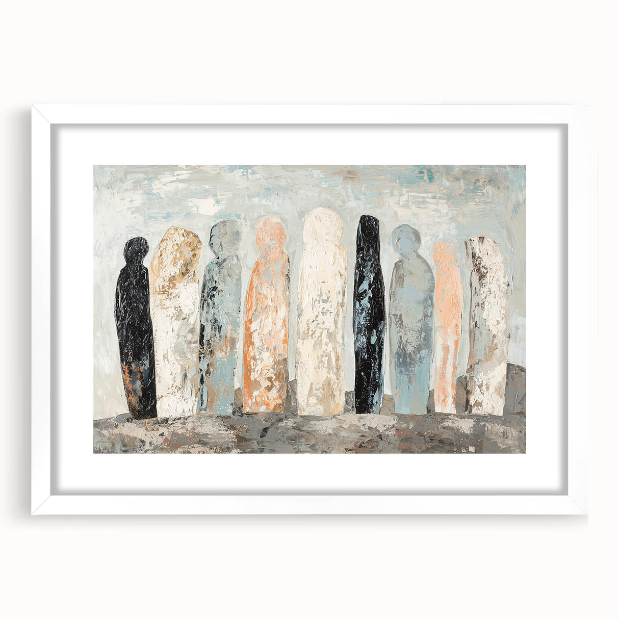 Abstract figurative art frame with white mat, showcasing vibrant colors and intricate designs, perfect for modern home decor and artistic displays.
