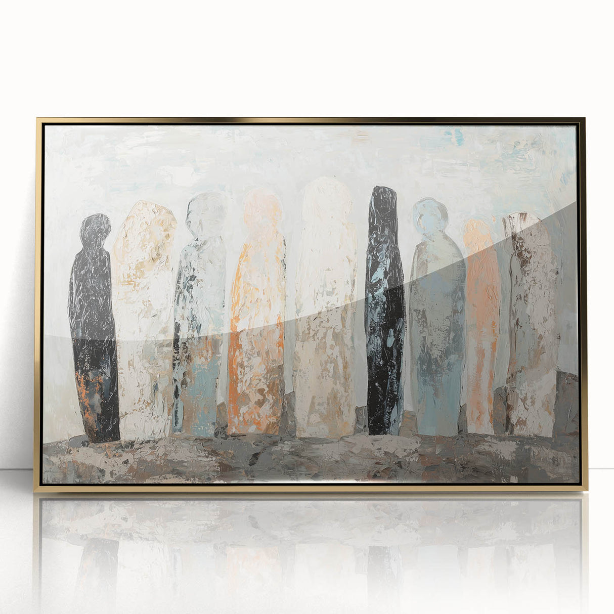 Abstract figurative artwork framed in gold acrylic, showcasing vibrant colors and dynamic shapes, perfect for modern home decor or art collections.