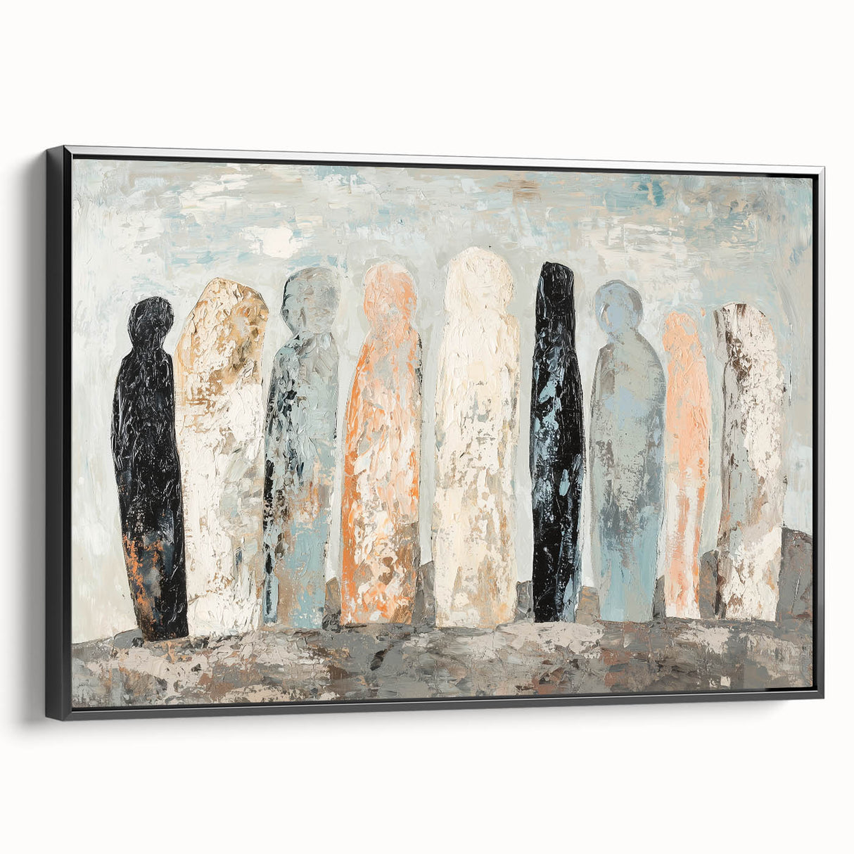 Abstract figurative framed canvas artwork showcasing a black side view, featuring bold shapes and lines, perfect for modern home decor accents.