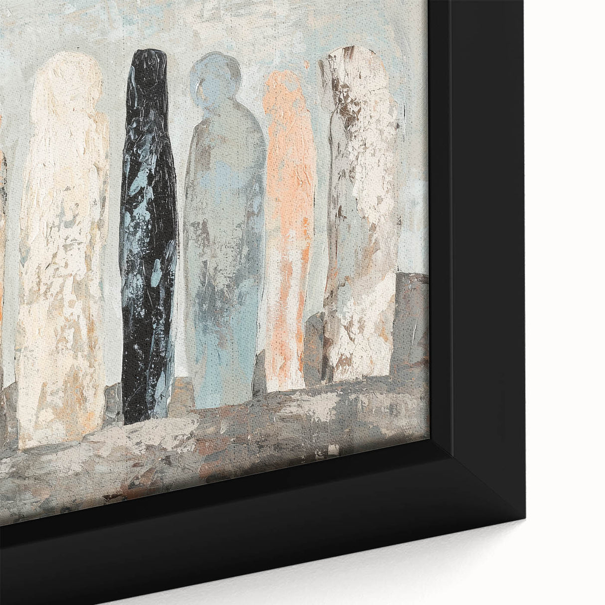 Close-up of an abstract figurative framed canvas artwork showcasing vibrant colors and intricate details, perfect for modern home decor and artistic expression.