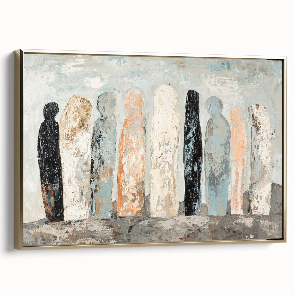 Framed abstract figurative canvas artwork showcasing a gold-toned design, elegantly displayed from the side, ideal for modern home decor and art enthusiasts. Perfect for enhancing contemporary interior spaces with a touch of sophistication and style.