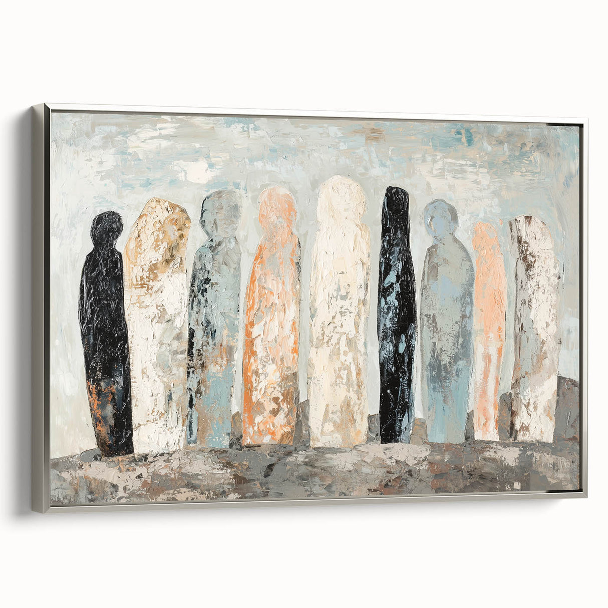Abstract figurative framed canvas artwork showcasing dynamic silver tones and flowing shapes, ideal for modern home decor. The side view highlights its elegant frame and artistic depth, enhancing any interior space.