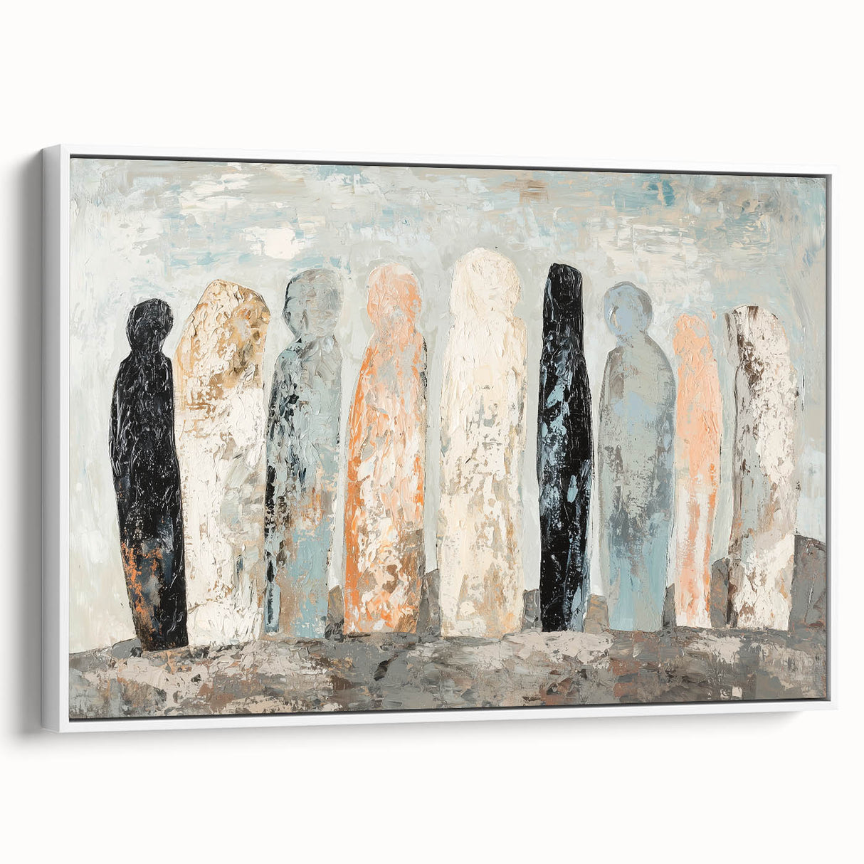 Abstract framed canvas artwork showcasing a white side view with intricate figurative designs, perfect for modern home decor and art enthusiasts.