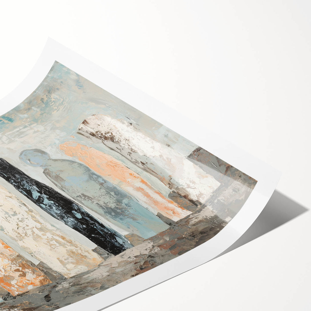 Abstract figurative art print showcasing vibrant colors and dynamic shapes, rolled and ready for display, emphasizing modern artistic expression and creativity.