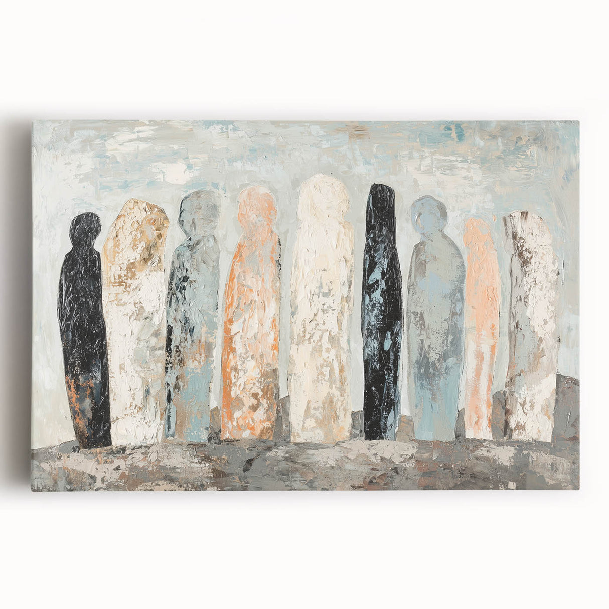 Abstract figurative stretched canvas artwork showcasing vibrant colors and dynamic shapes, perfect for modern home decor or artistic focal points. Ideal for enhancing interior spaces with a contemporary touch.