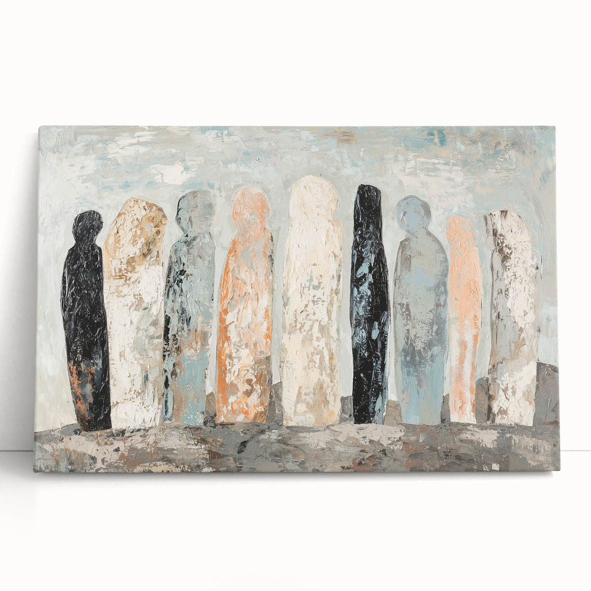 Abstract figurative canvas artwork showcasing vibrant colors and dynamic shapes, elegantly leaning against a textured wall, ideal for modern home decor.