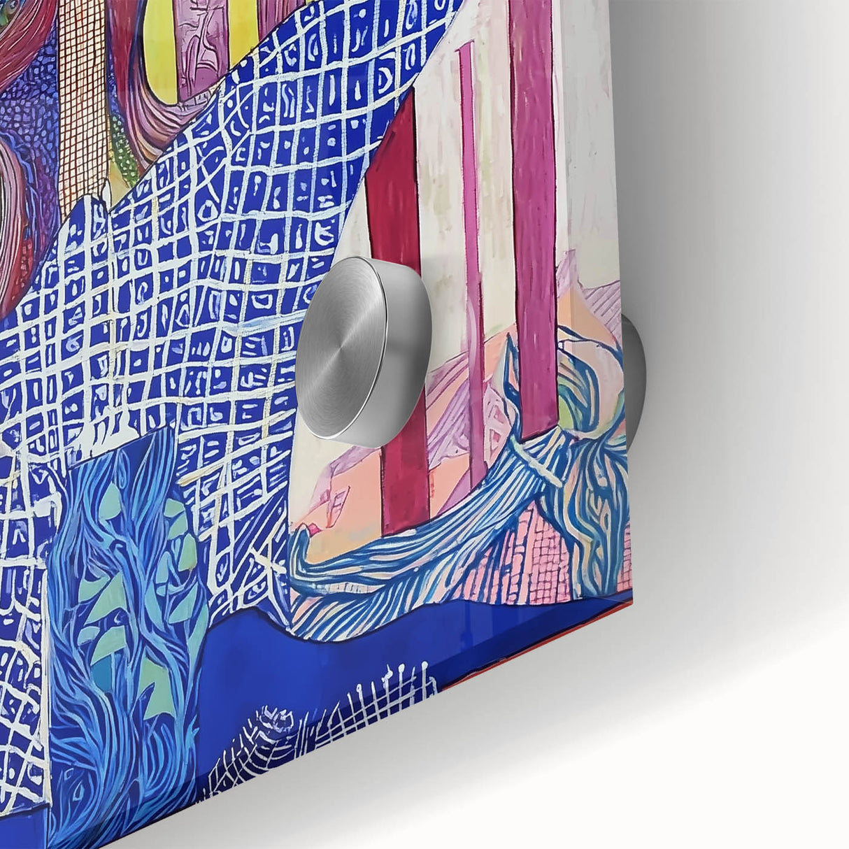 Abstract figurative acrylic artwork featuring vibrant colors and intricate glass textures, ideal for modern home decor or artistic installations.