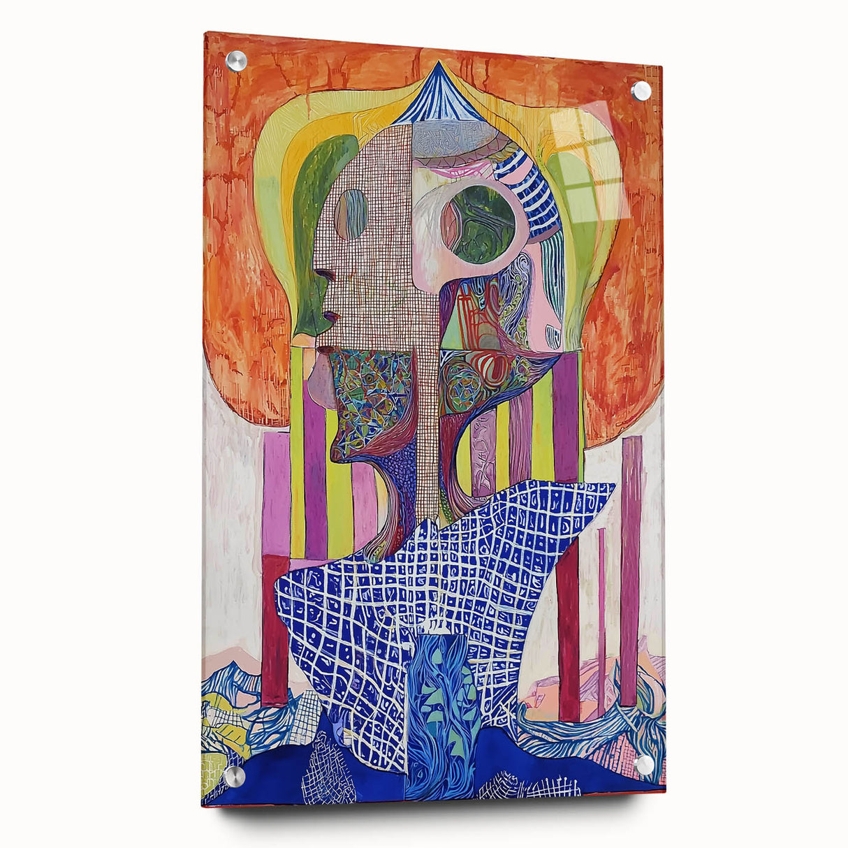 Abstract figurative acrylic artwork displayed in a side view, showcasing vibrant colors and intricate pin details, perfect for contemporary home decor.
