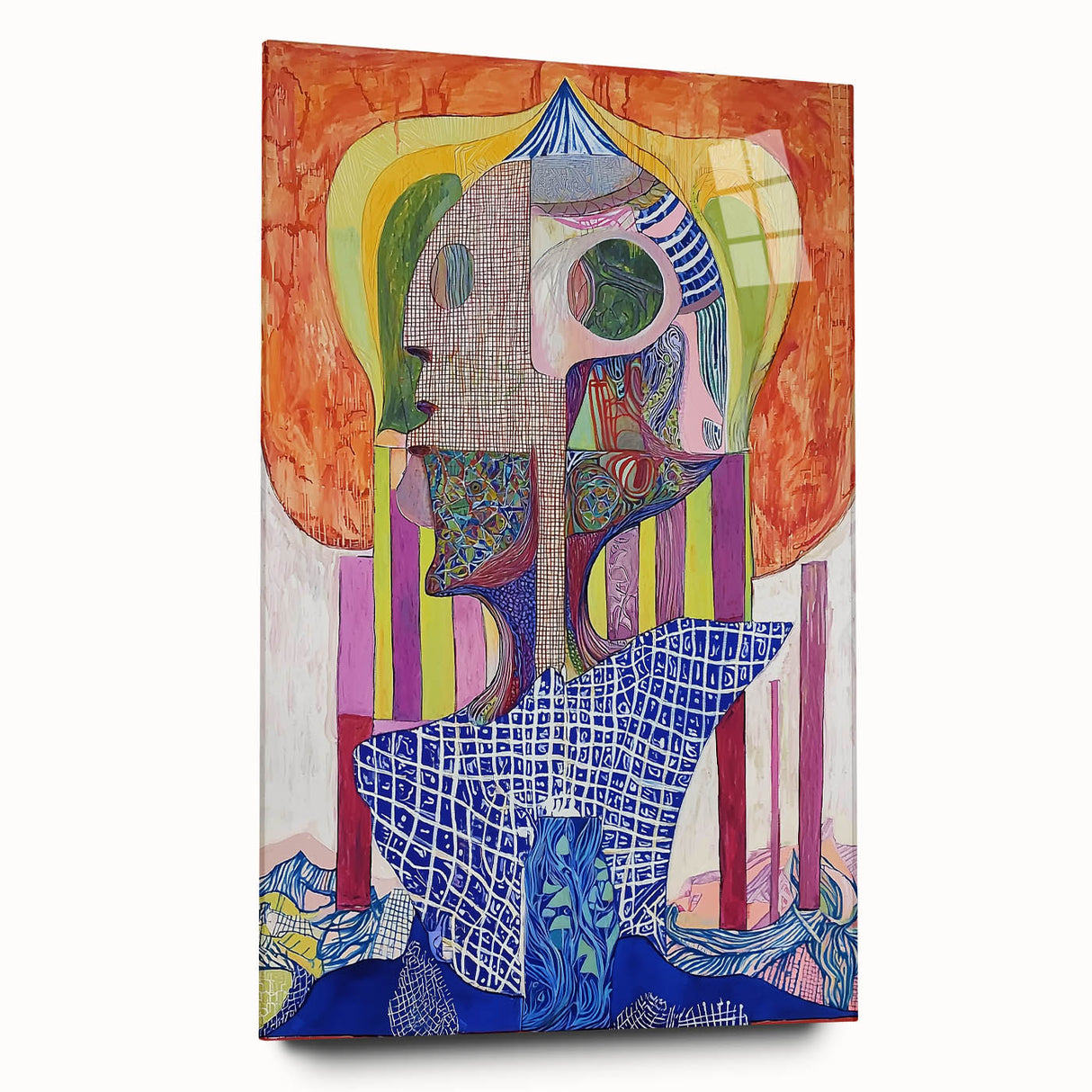 Abstract figurative acrylic artwork showcasing vibrant colors and dynamic shapes, viewed from the side, highlighting the glossy finish and modern design. Ideal for contemporary decor.