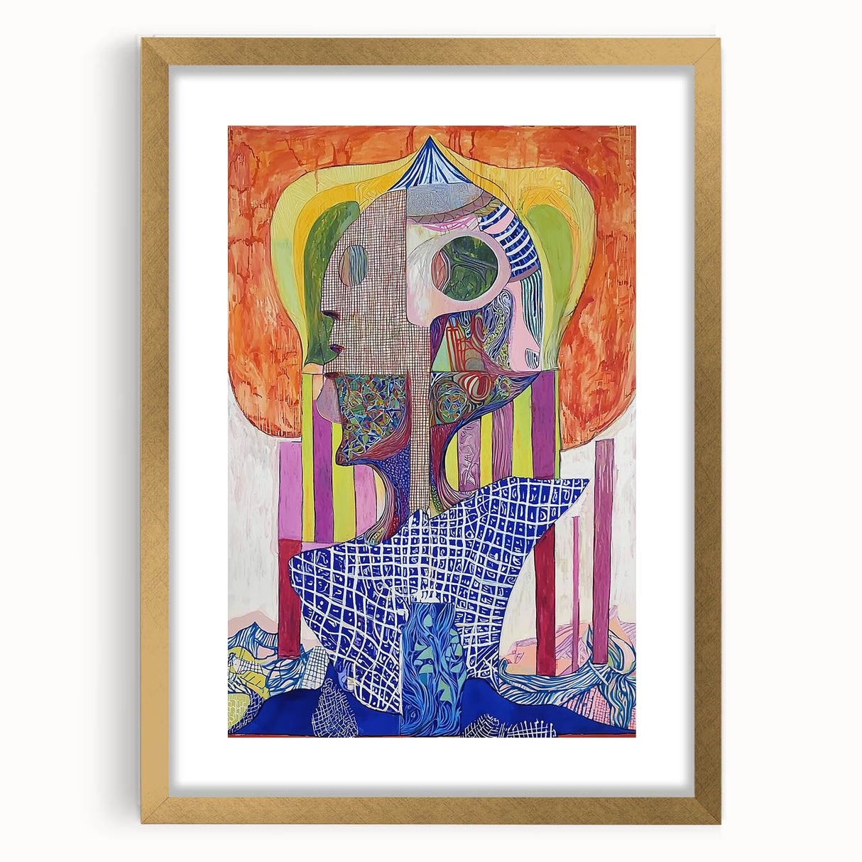 Gold-framed abstract figurative art piece with a mat, showcasing vibrant colors and intricate details, perfect for modern home decor and artistic spaces.