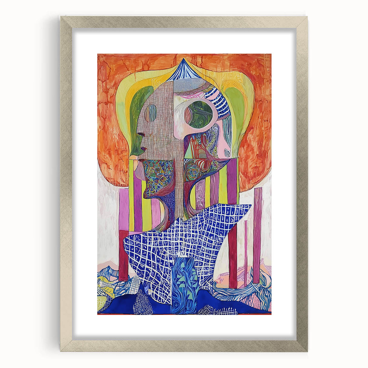 Abstract figurative frame in silver with a mat, showcasing a modern design that enhances artistic decor. Ideal for contemporary interiors, this frame adds elegance.