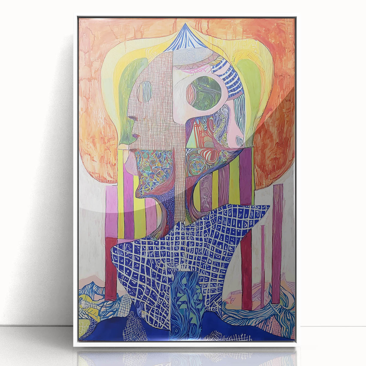 Framed abstract figurative artwork in a white frame, showcasing vibrant colors and dynamic shapes, ideal for modern home decor and art enthusiasts.