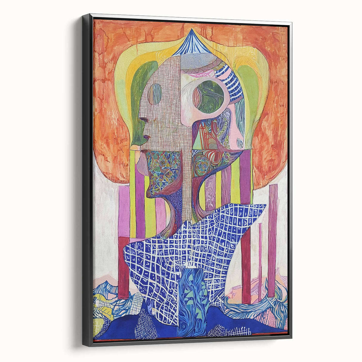 Framed abstract figurative canvas art showcasing a modern design with bold black tones, ideal for contemporary home decor. Side view highlights frame detail.
