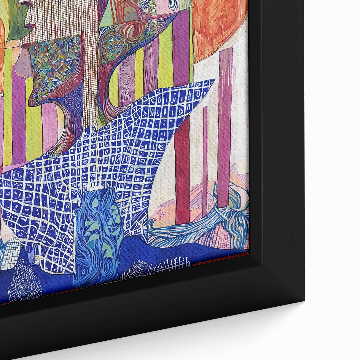 Close-up of an abstract figurative framed canvas artwork, showcasing vibrant colors and intricate details that enhance modern decor, perfect for contemporary art enthusiasts.