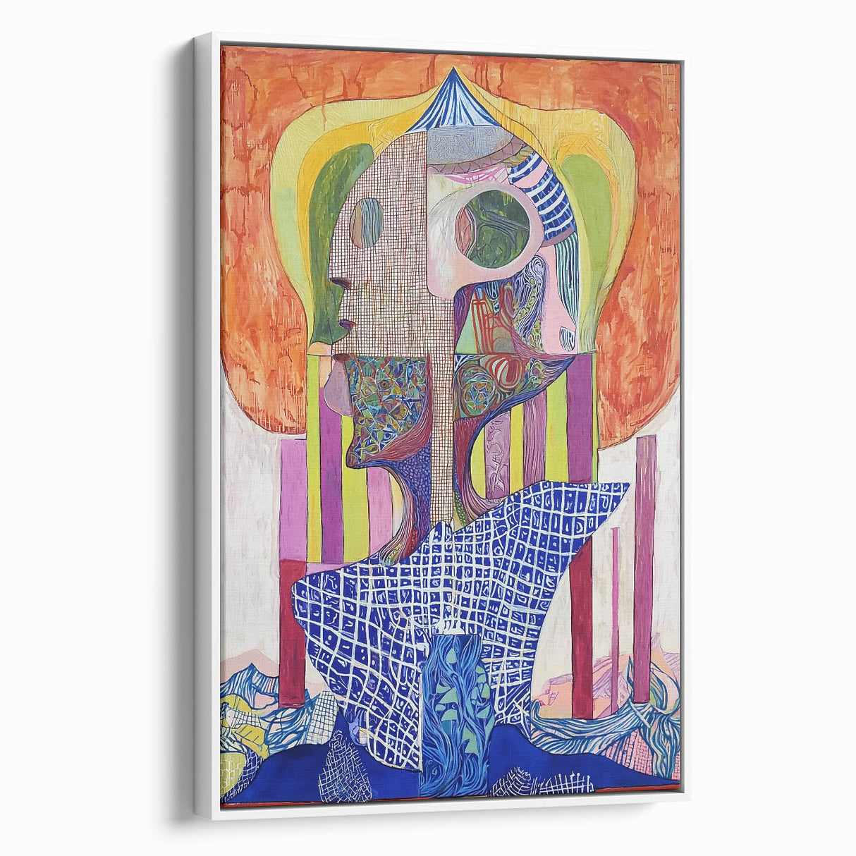 Abstract figurative framed canvas artwork showcasing dynamic shapes and soft colors against a white background, ideal for modern home decor.