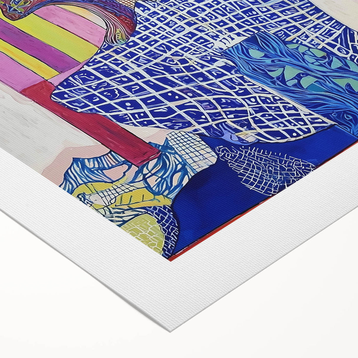 Abstract figurative art print on rolled canvas, showcasing vibrant colors and dynamic shapes, elegantly packaged in a protective cardboard tube for safe delivery.