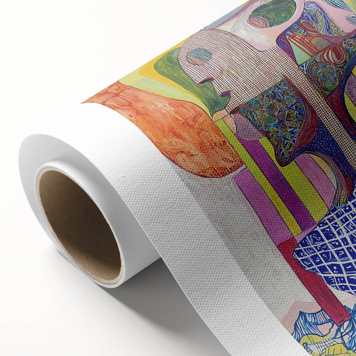 Abstract figurative art canvas print showcasing vibrant colors and dynamic shapes, elegantly rolled and securely packaged in a durable cardboard tube for shipping.