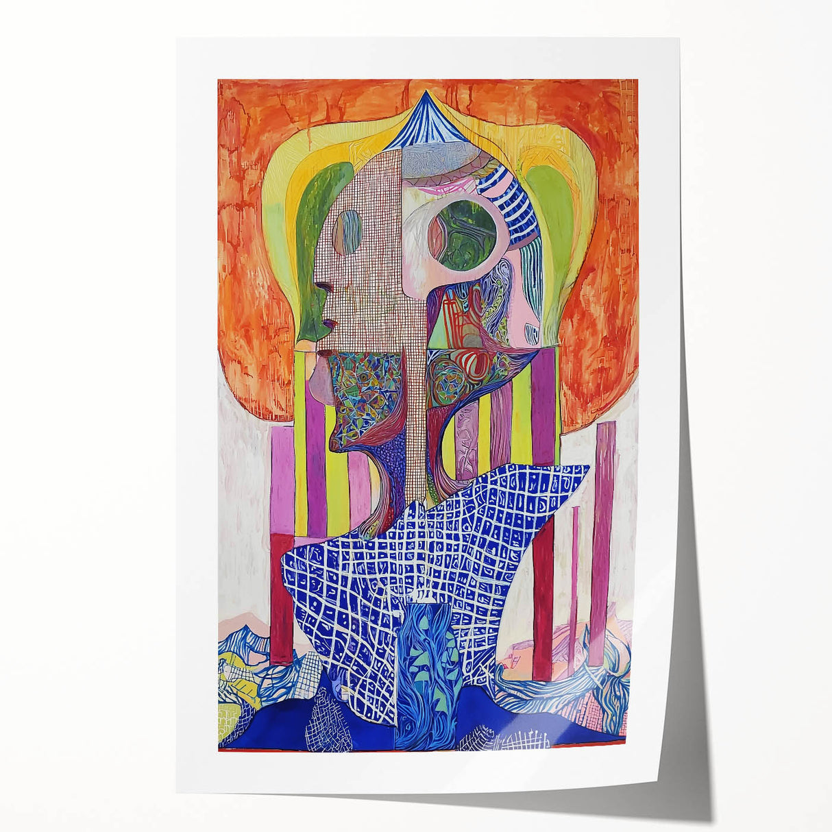 Abstract figurative rolled print showcasing vibrant colors and dynamic shapes, ideal for modern home decor, packaged securely in a protective tube.
