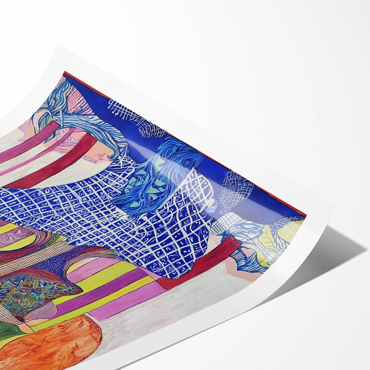 Abstract figurative rolled canvas print showcasing vibrant colors and dynamic shapes, elegantly packaged in a protective cardboard tube for safe shipping.