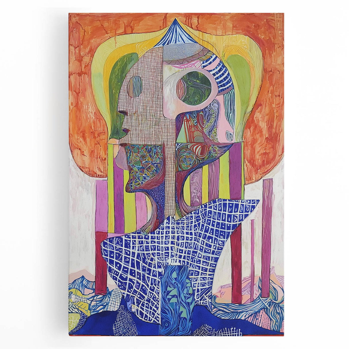 Abstract figurative stretched canvas artwork featuring vibrant colors and dynamic shapes, ideal for modern home decor. Perfect statement piece for living spaces.