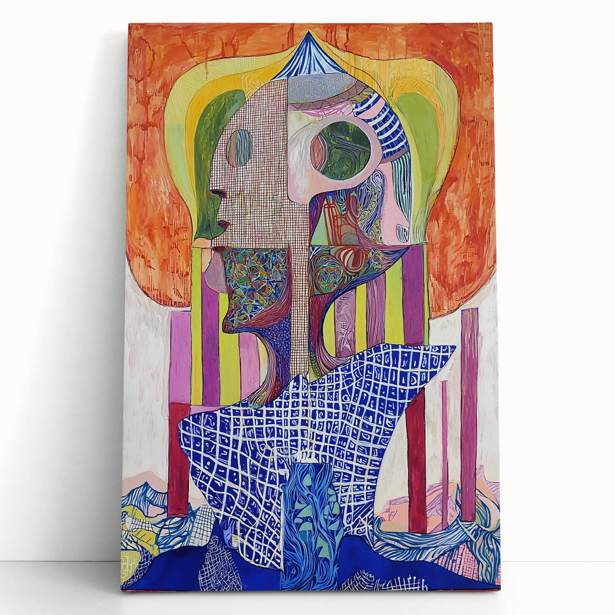 Abstract figurative stretched canvas artwork featuring dynamic colors and shapes, leaning against a neutral wall, ideal for modern home decor.