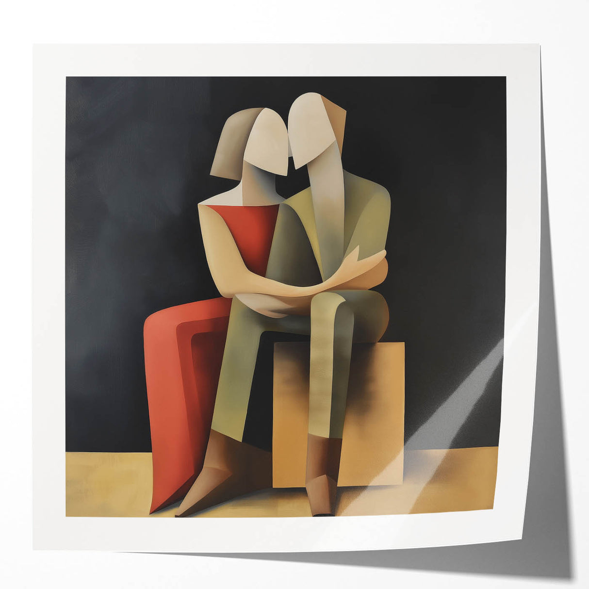 Abstract figurative art print showcasing vibrant colors and dynamic shapes, displayed in a glossy finish, perfect for modern home decor.