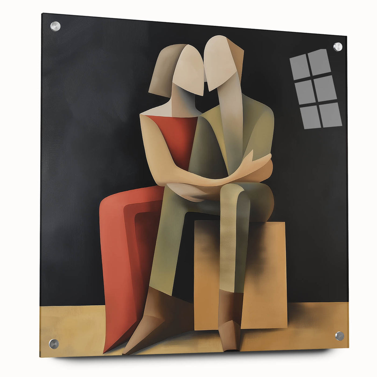 Abstract figurative acrylic artwork showcasing a dynamic side view with colorful pins accentuating the design, ideal for modern decor enthusiasts.